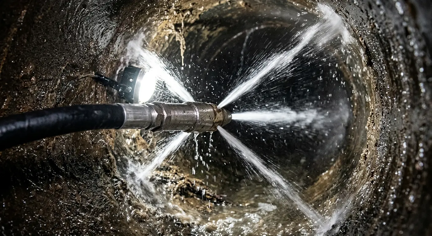 High-pressure hydro jetting nozzle cleaning sewer pipe for Emergency Drain Service in Gig Harbor