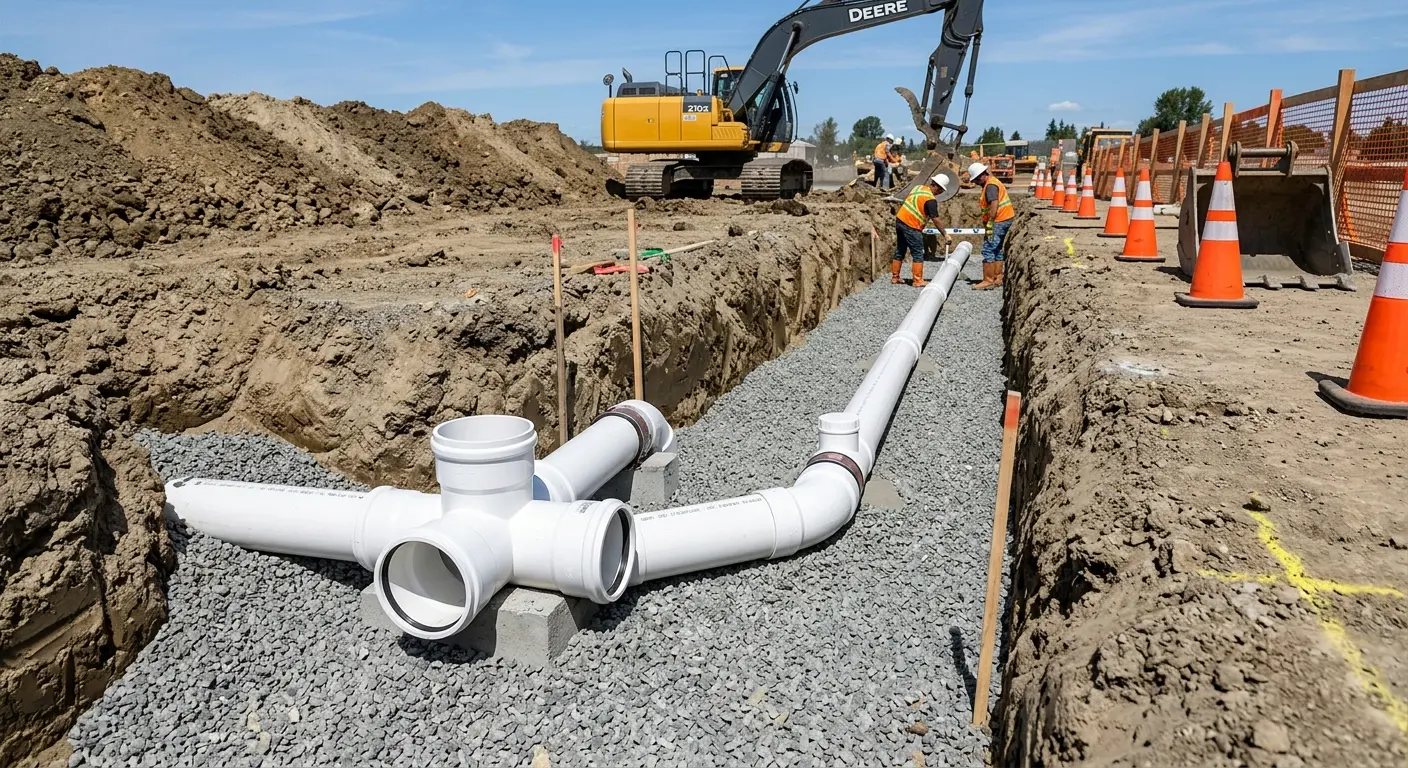New PVC sewer pipe installation in open trench for Sewer Backup in Gig Harbor