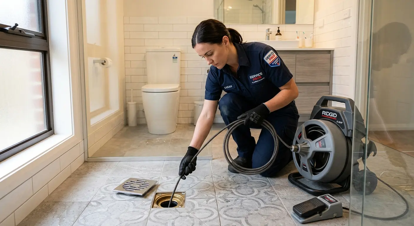 Technician clearing a bathroom floor drain for Drain Cleaning in Gig Harbor